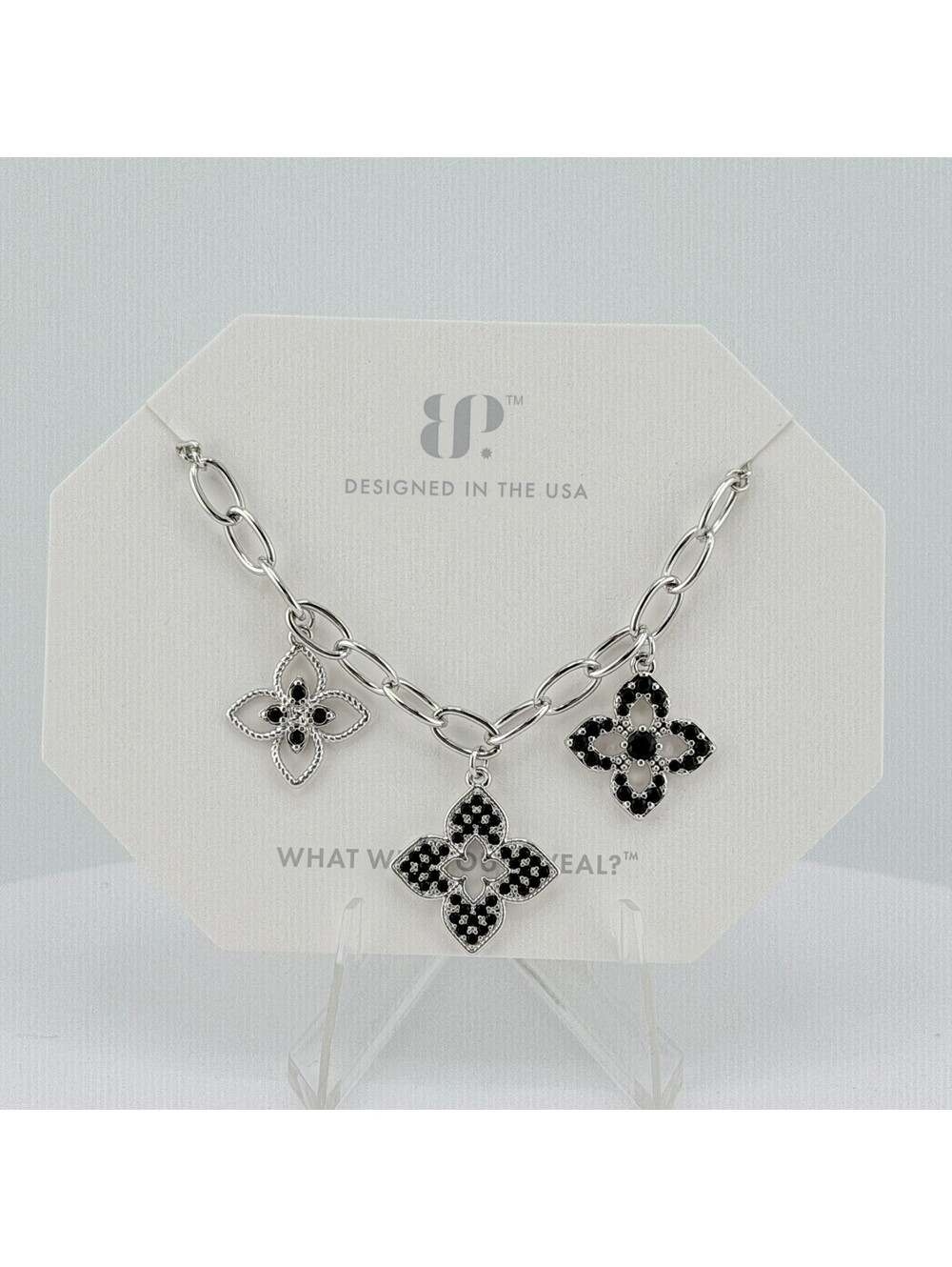 Bomb Party Clover Charm Necklace “Always Triple Booked” Black Onyx on Rhodium